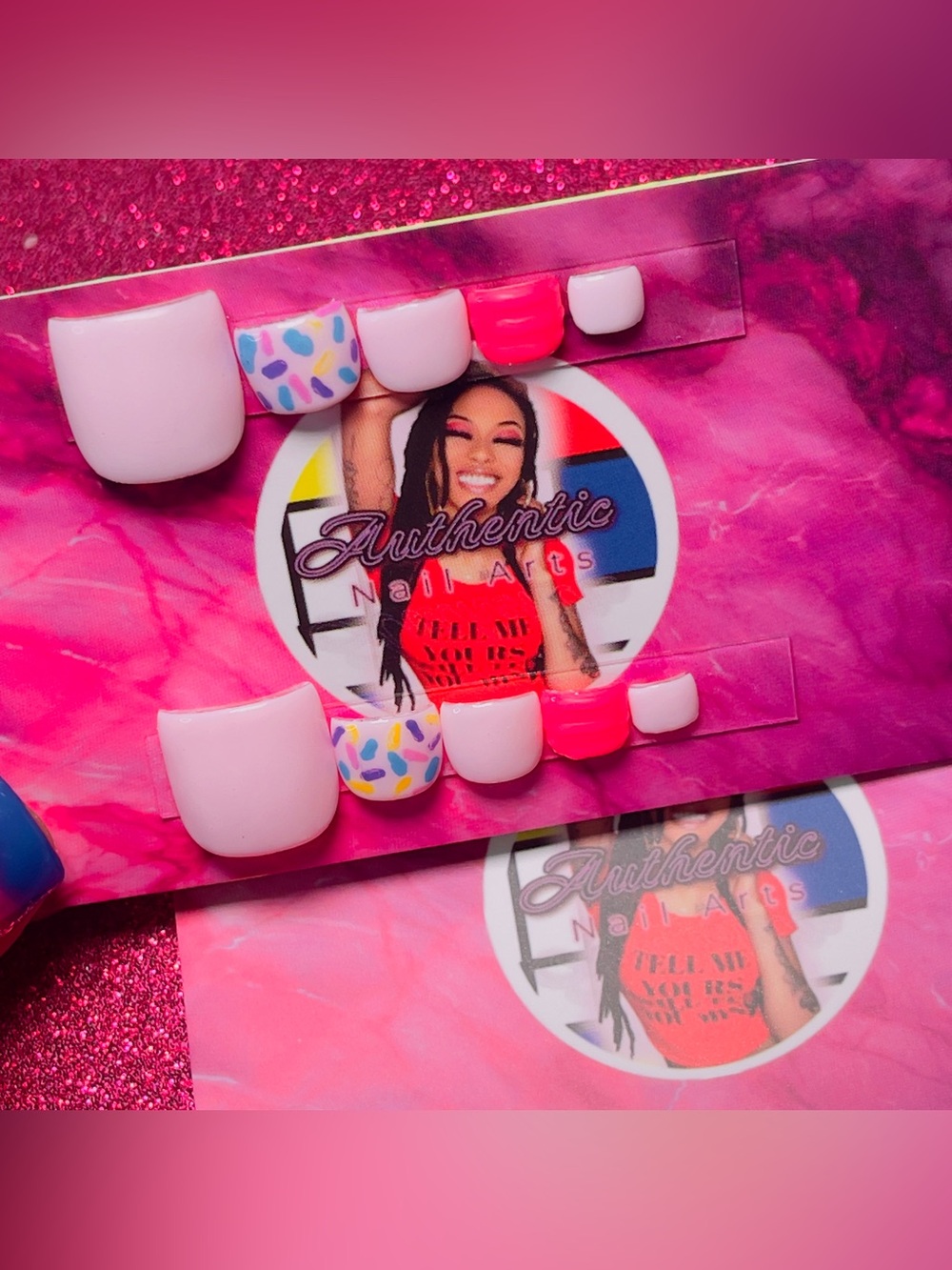 Pink Press-On Toe Nails with Confetti Accent